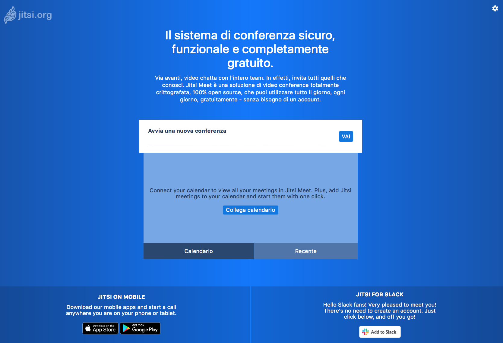 Immagine che descrive l'home page di Jitsi Meet. Cliccare sull'immagine per raggiungere il sito online del servizio di videoconferenza.